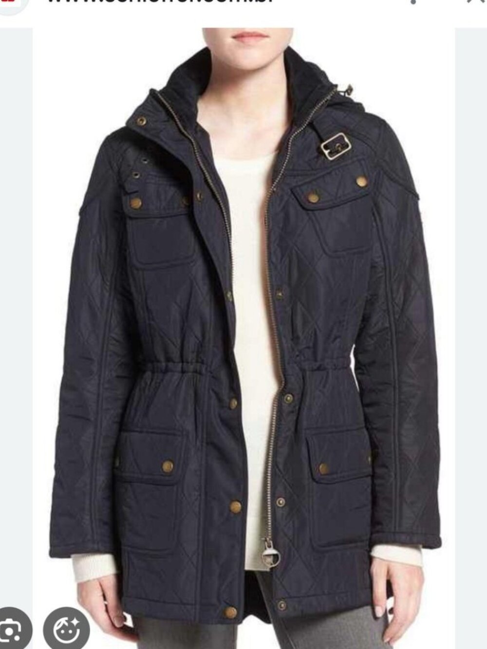 Barbour International Arrow Quilted Parka Jacket Hooded Zip Snap Black